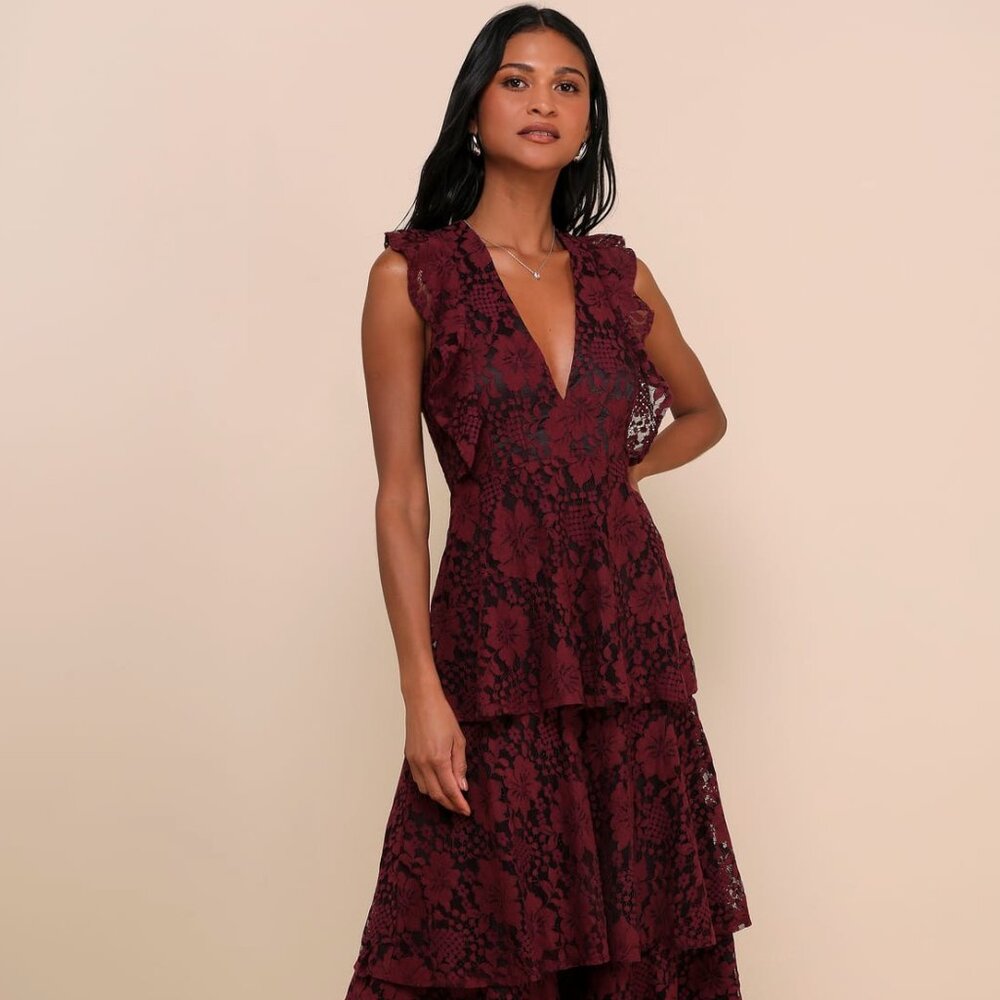 Molinetto Burgundy Lace Ruffled Tiered Sleeveless Maxi Dress - Excellent Cond.